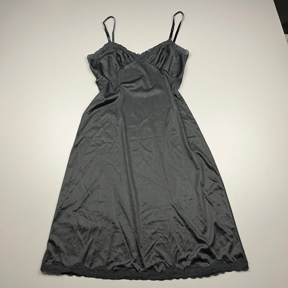 VTG Vanity Fair Full Slip Dress Women 38 Black Lace Trim Nylon Adjustable Straps